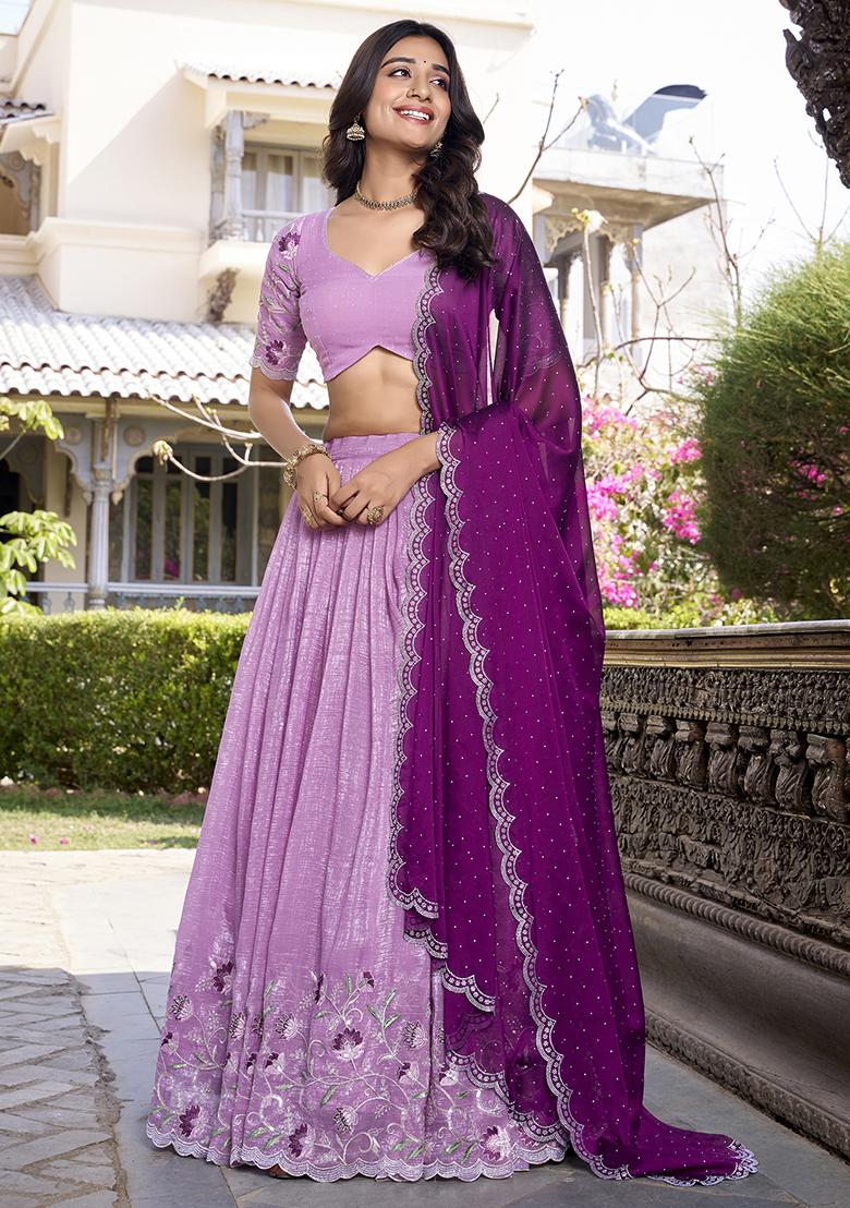 Lavender Sequins And Thread Embroidery Poly Blend Lehenga Set With Dupatta
