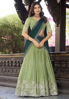 Pista Green Sequins And Thread Embroidery Poly Blend Lehenga Set With Dupatta