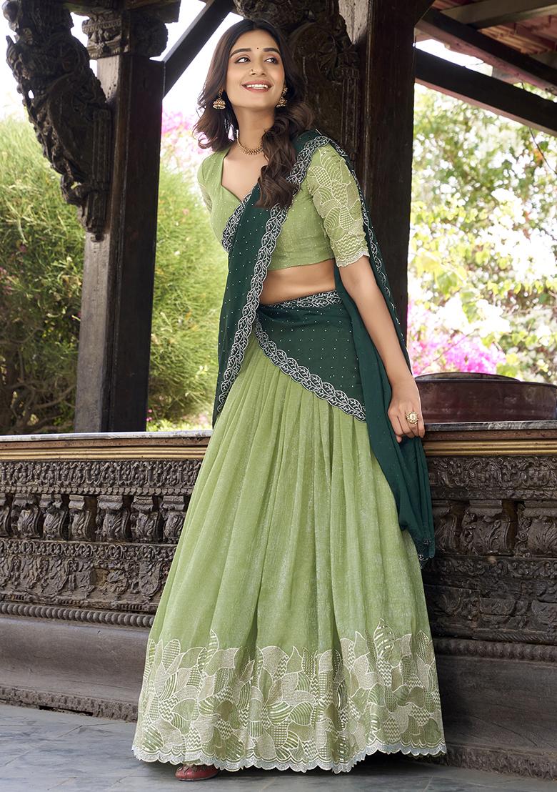 Pista Green Sequins And Thread Embroidery Poly Blend Lehenga Set With Dupatta