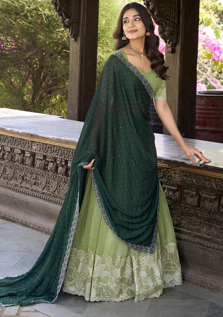 Pista Green Sequins And Thread Embroidery Poly Blend Lehenga Set With Dupatta