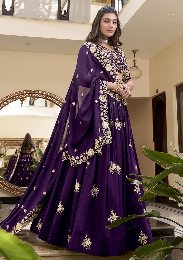 Purple Embellishment Vichitra Silk Lehenga Set With Dupatta