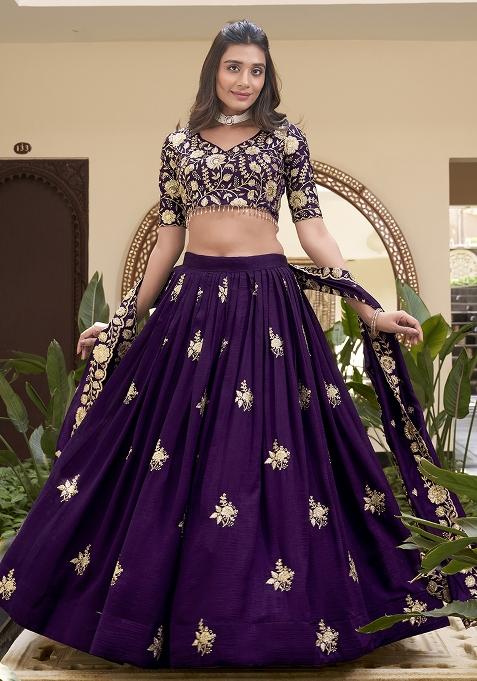 Purple Embellishment Vichitra Silk Lehenga Set With Dupatta