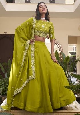 Parrot Green Embellishment Georgette Lehenga Set With Dupatta