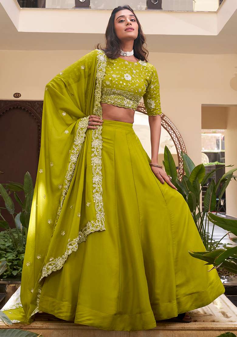 Parrot Green Embellishment Georgette Lehenga Set With Dupatta - Indya