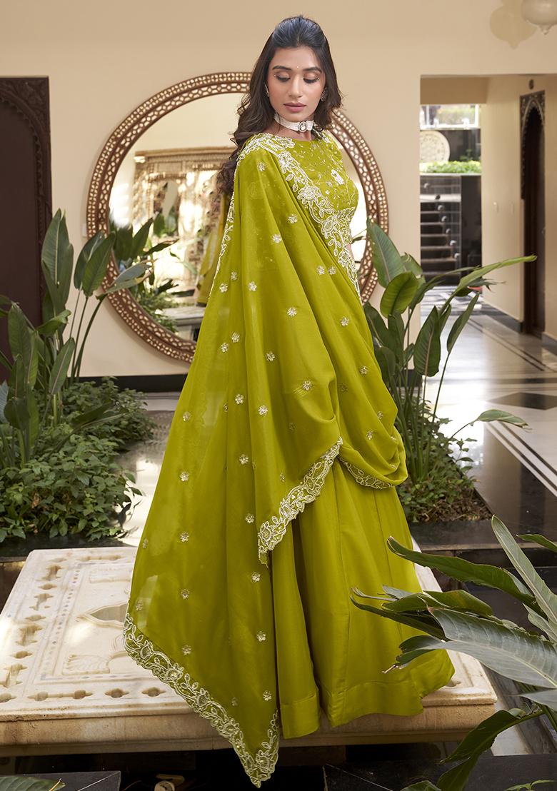 Parrot Green Embellishment Georgette Lehenga Set With Dupatta