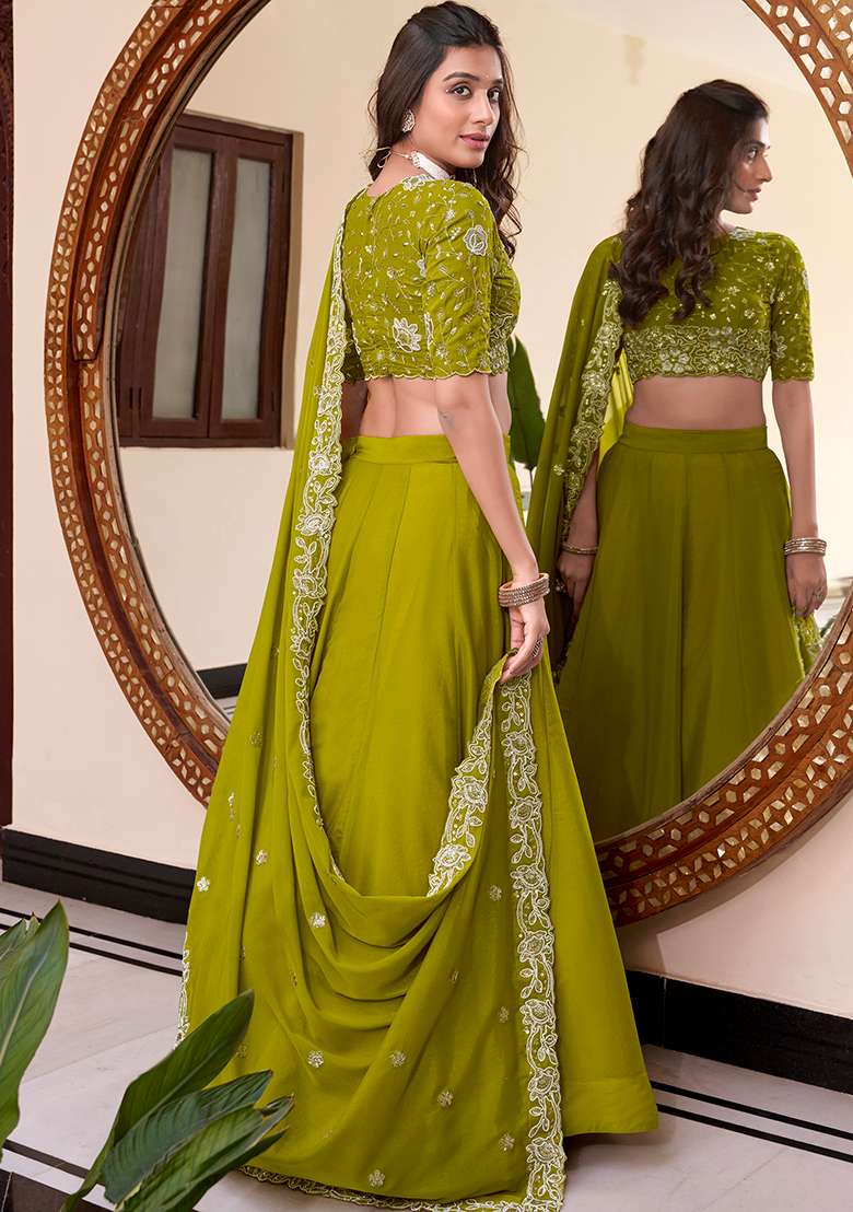 Parrot Green Embellishment Georgette Lehenga Set With Dupatta - Indya