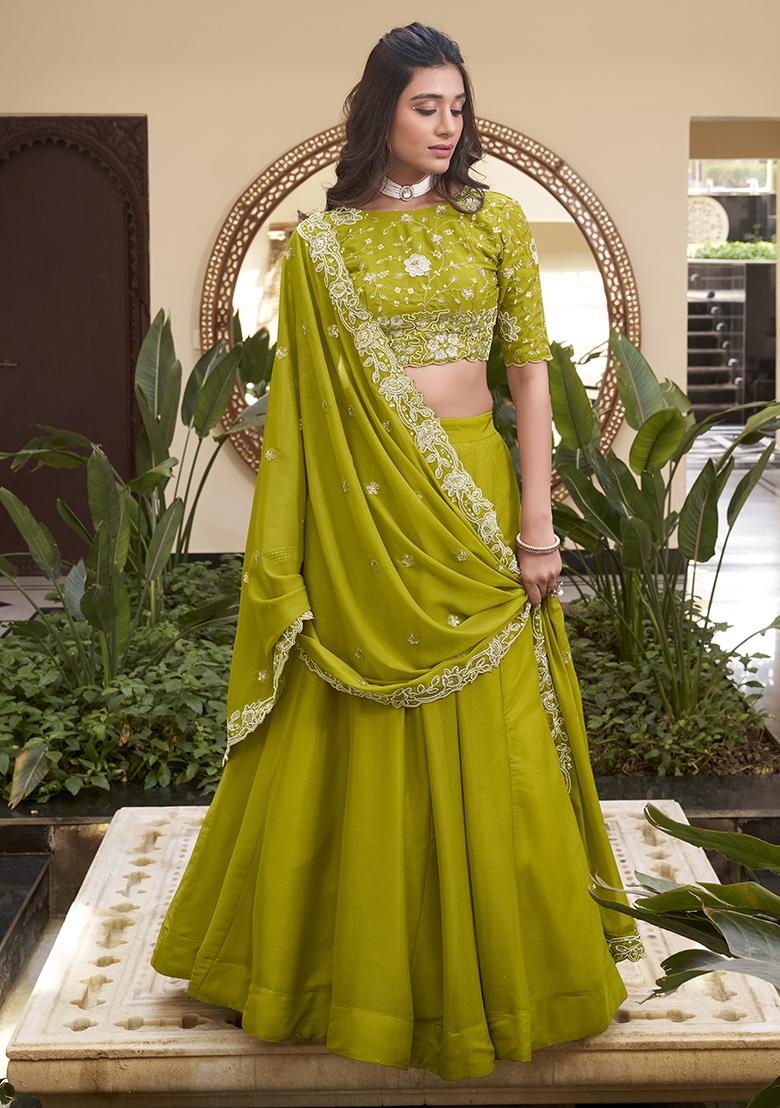 Parrot Green Embellishment Georgette Lehenga Set With Dupatta