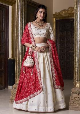 Off White Sequins And Thread Embroidery Vichitra Silk Lehenga Set With Dupatta