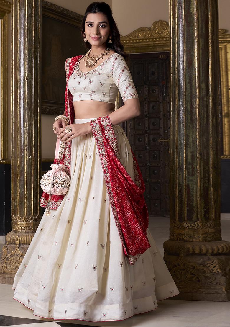 Off White Sequins And Thread Embroidery Vichitra Silk Lehenga Set With Dupatta