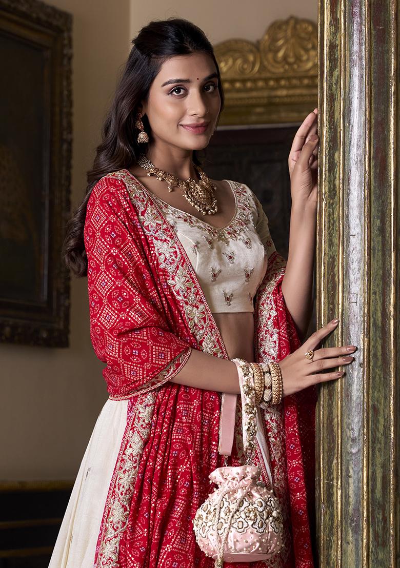 Off White Sequins And Thread Embroidery Vichitra Silk Lehenga Set With Dupatta
