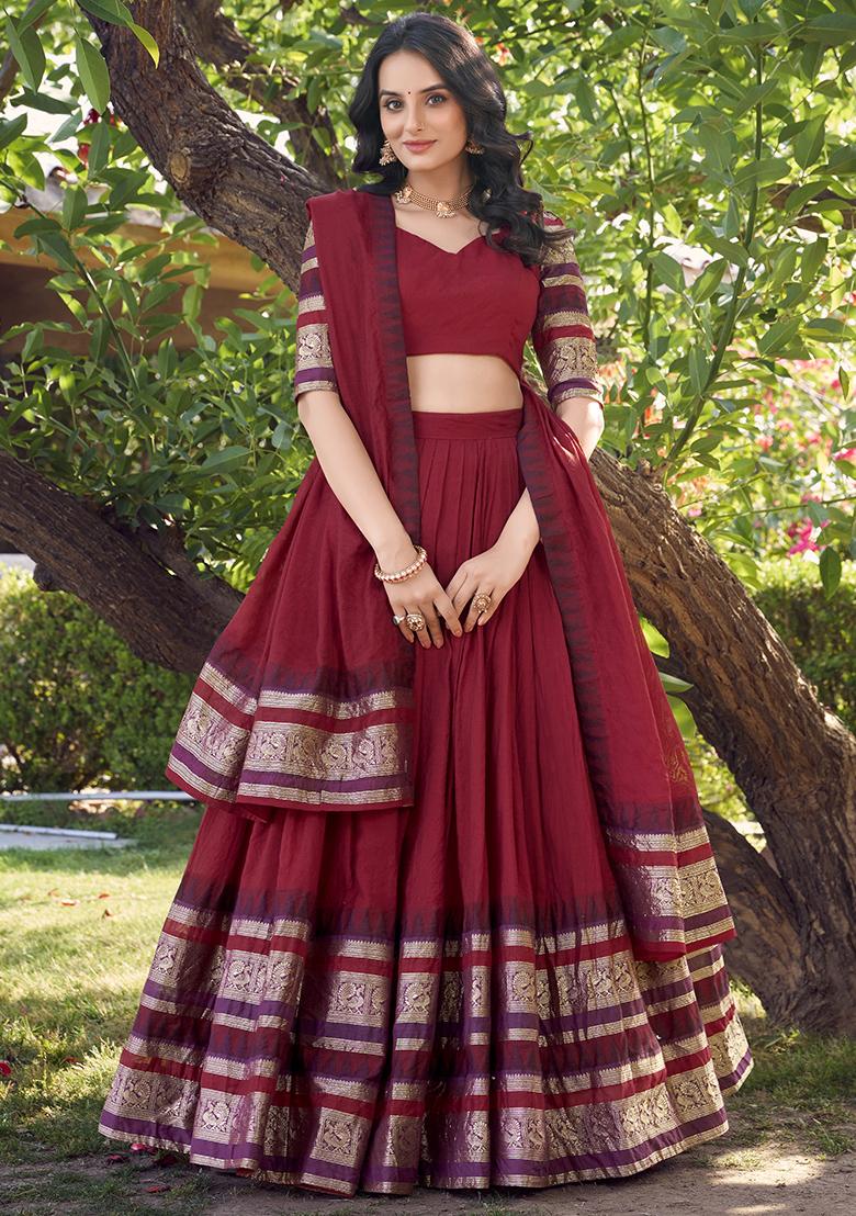 Red Zari Weaving Work Pure Chanderi Lehenga Set With Dupatta