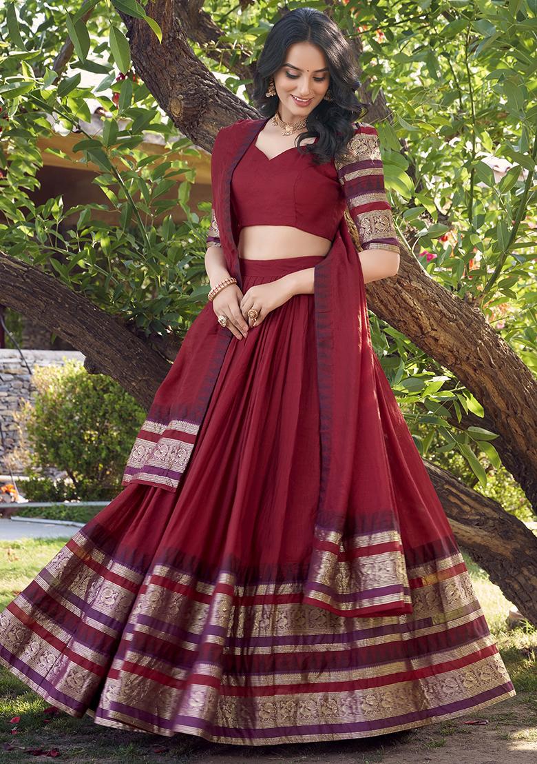 Red Zari Weaving Work Pure Chanderi Lehenga Set With Dupatta