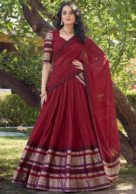 Red Zari Weaving Work Pure Chanderi Lehenga Set With Dupatta