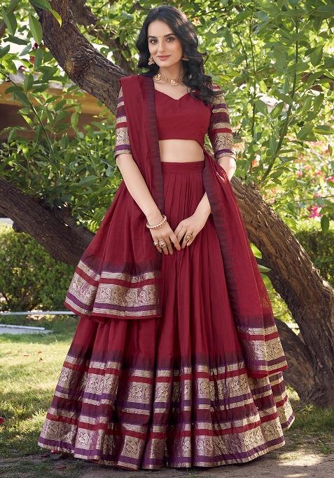 Red Zari Weaving Work Pure Chanderi Lehenga Set With Dupatta
