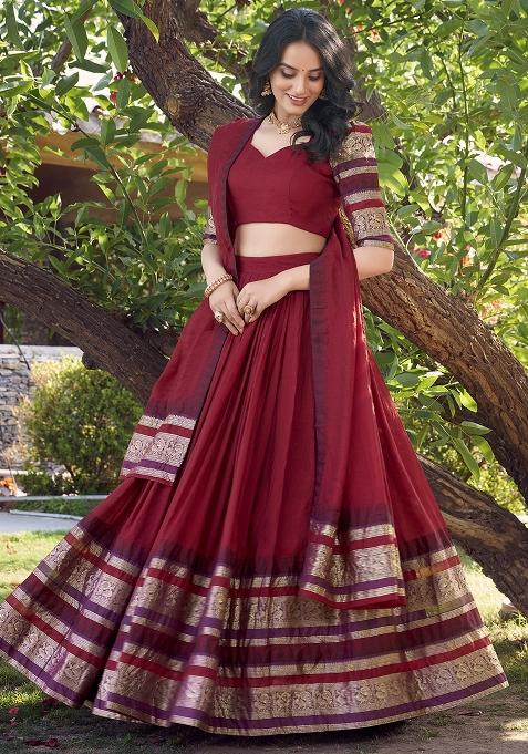 Red Zari Weaving Work Pure Chanderi Lehenga Set With Dupatta