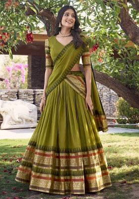 Mehendi Green Zari Weaving Work Pure Chanderi Lehenga Set With Dupatta