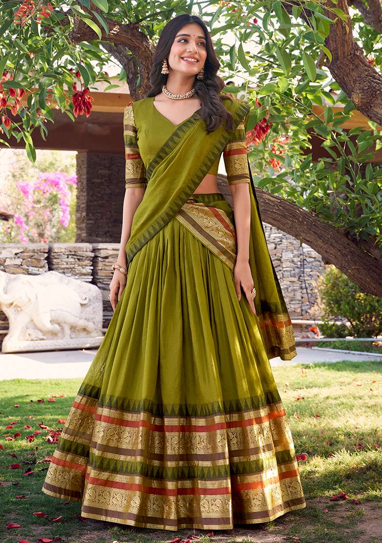 Mehendi Green Zari Weaving Work Pure Chanderi Lehenga Set With Dupatta - Indya