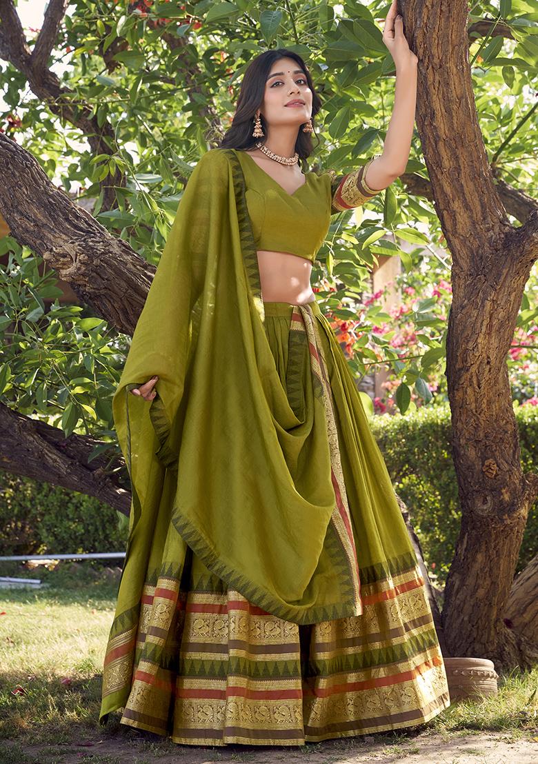Mehendi Green Zari Weaving Work Pure Chanderi Lehenga Set With Dupatta