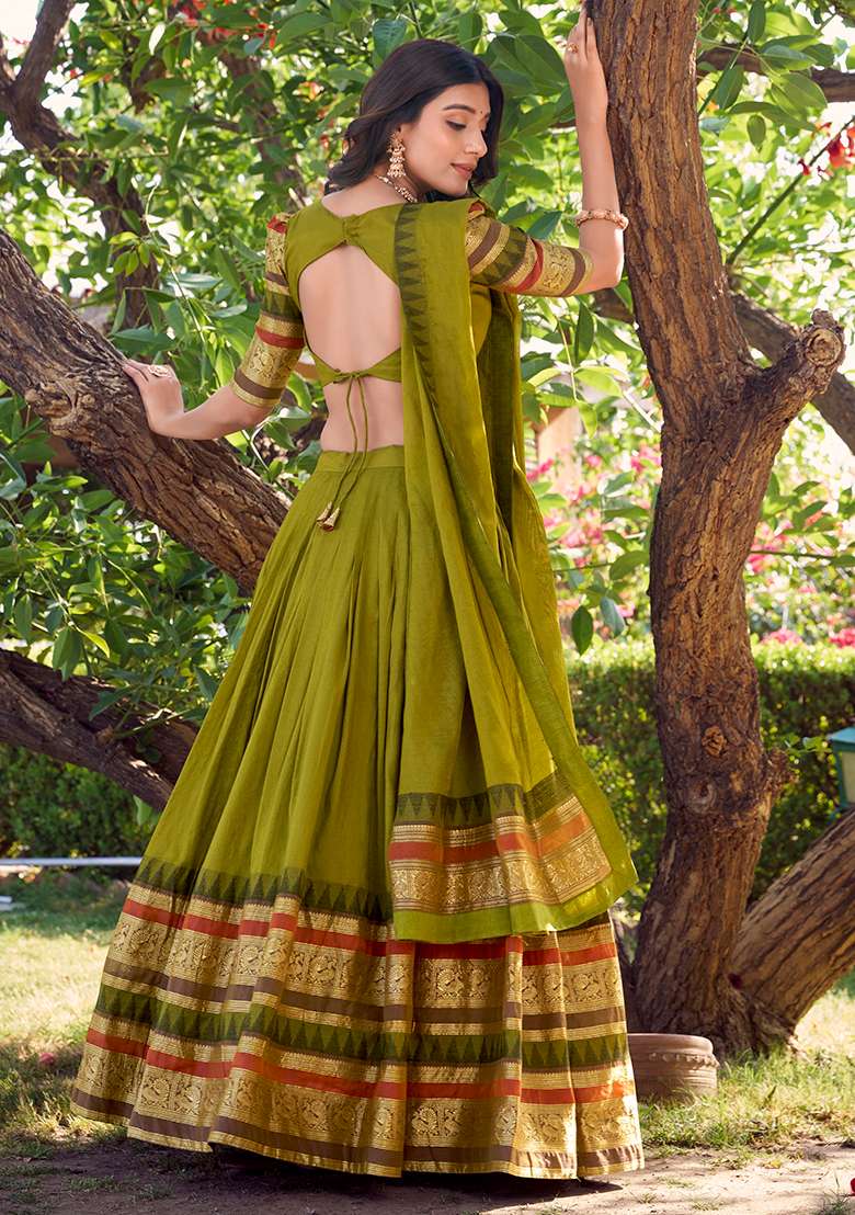 Mehendi Green Zari Weaving Work Pure Chanderi Lehenga Set With Dupatta - Indya