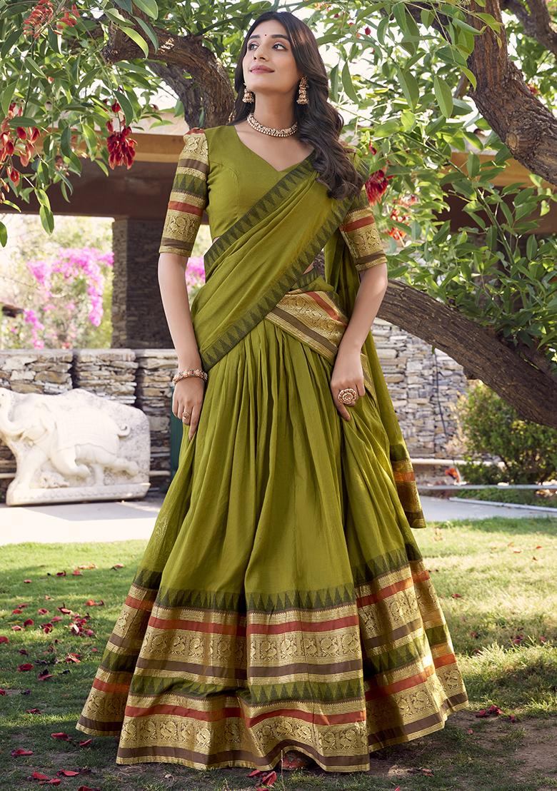 Mehendi Green Zari Weaving Work Pure Chanderi Lehenga Set With Dupatta