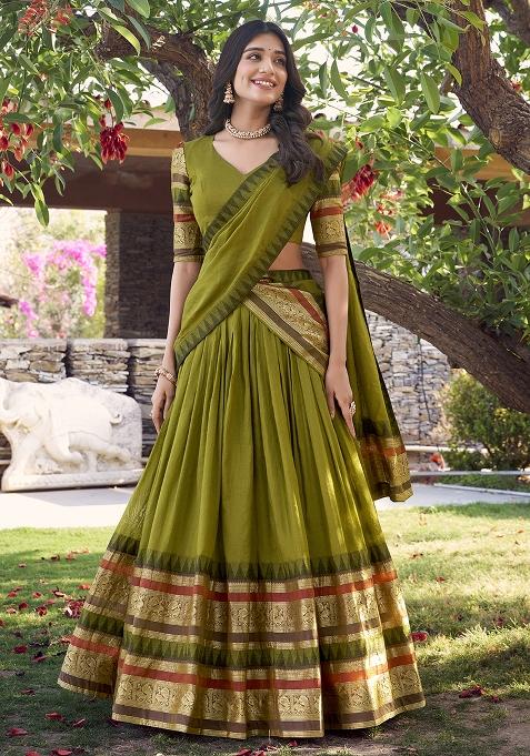 Mehendi Green Zari Weaving Work Pure Chanderi Lehenga Set With Dupatta