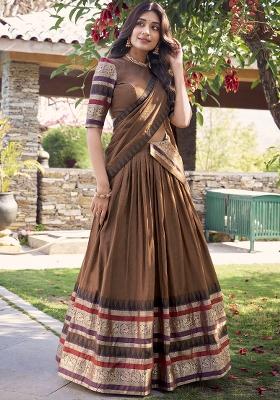 Brown Zari Weaving Work Pure Chanderi Lehenga Set With Dupatta
