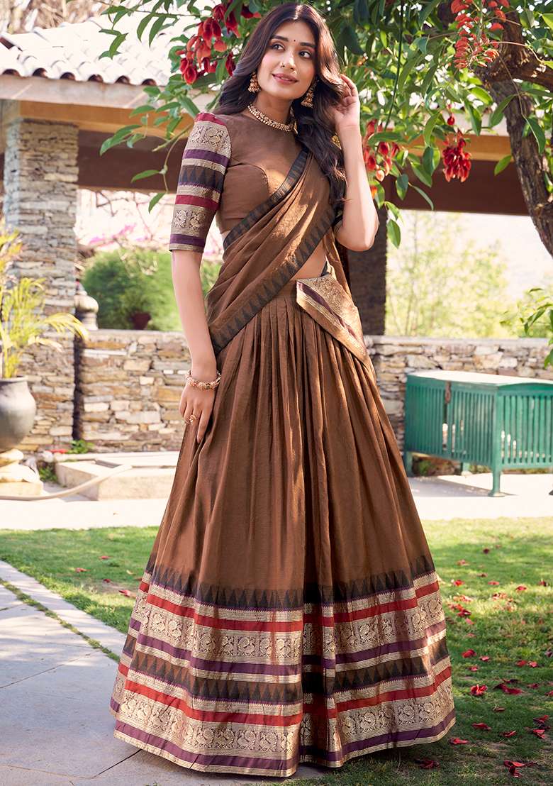 Brown Zari Weaving Work Pure Chanderi Lehenga Set With Dupatta - Indya