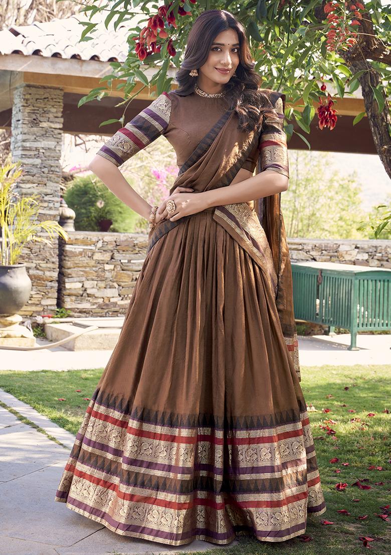 Brown Zari Weaving Work Pure Chanderi Lehenga Set With Dupatta