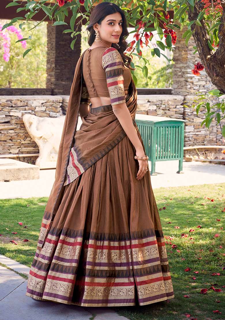Brown Zari Weaving Work Pure Chanderi Lehenga Set With Dupatta - Indya