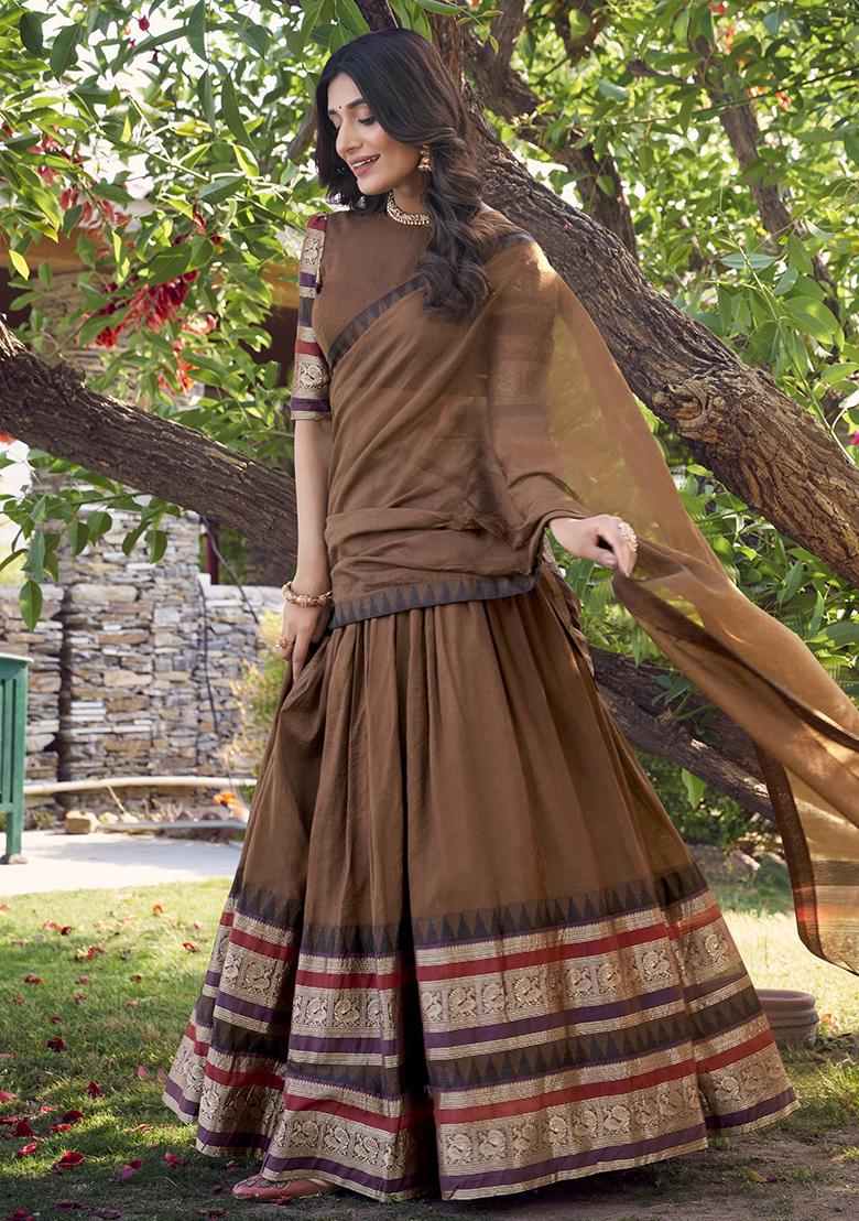 Brown Zari Weaving Work Pure Chanderi Lehenga Set With Dupatta