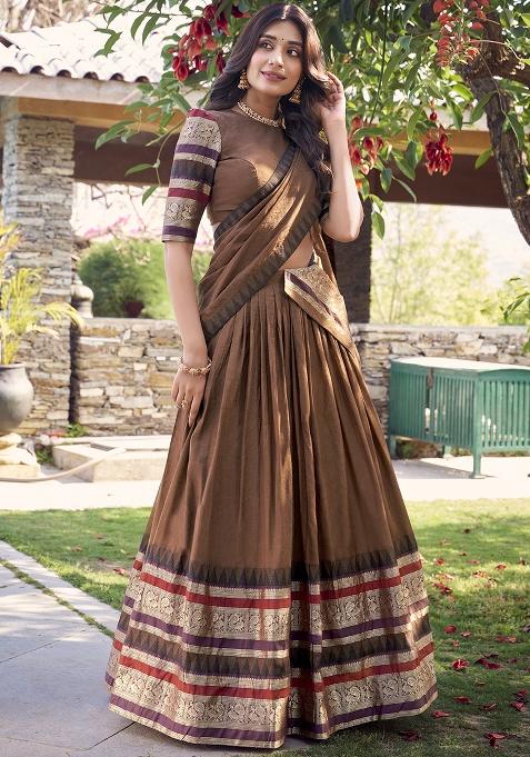 Brown Zari Weaving Work Pure Chanderi Lehenga Set With Dupatta