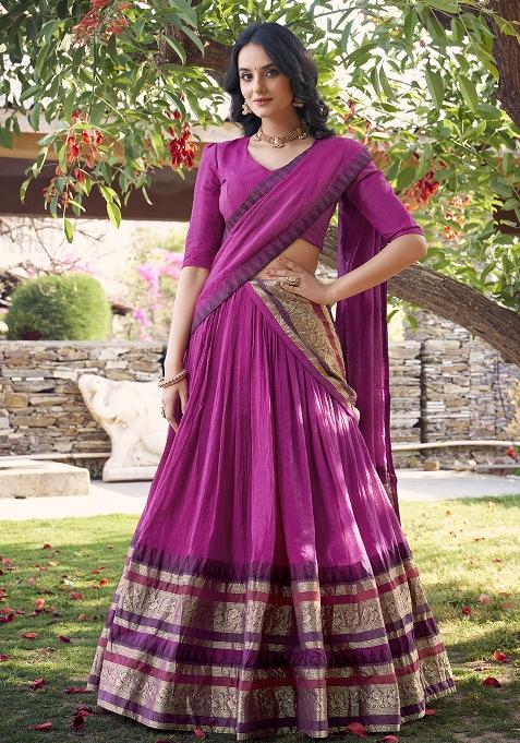 Pink Zari Weaving Work Pure Chanderi Lehenga Set With Dupatta