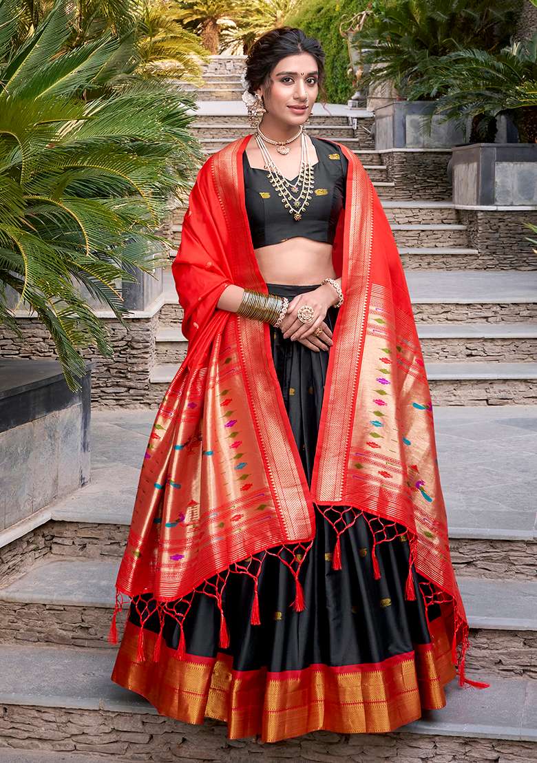 Black Zari Weaving Work Jacquard Lehenga Set With Dupatta - Indya