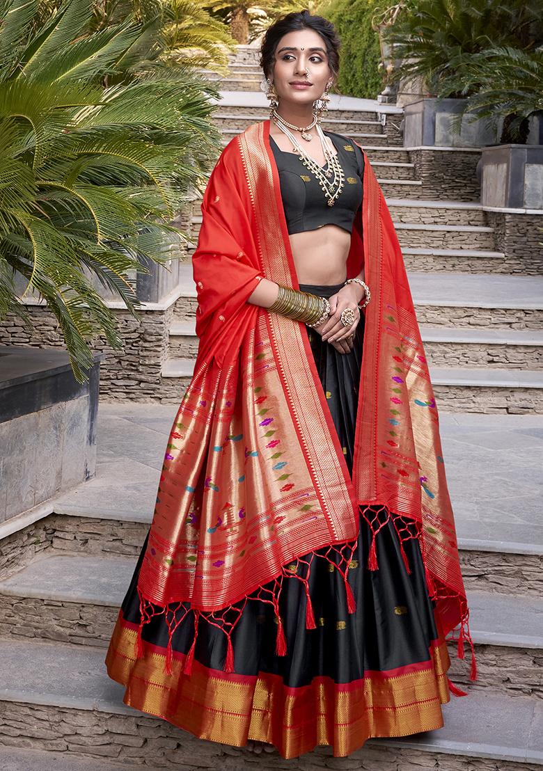 Black Zari Weaving Work Jacquard Lehenga Set With Dupatta