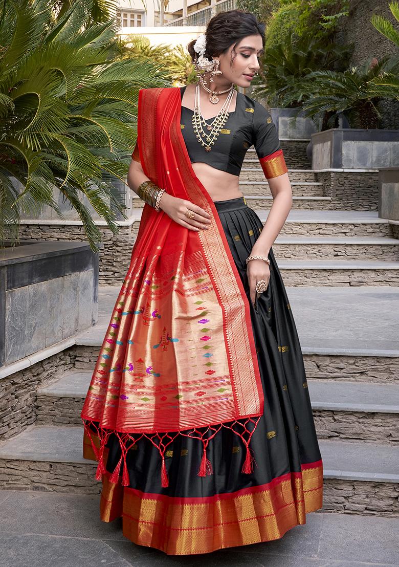 Black Zari Weaving Work Jacquard Lehenga Set With Dupatta