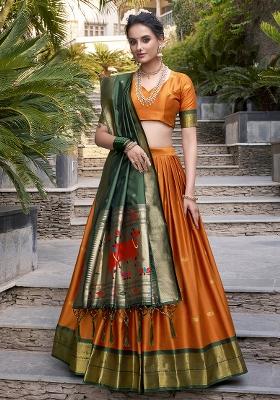 Orange Zari Weaving Work Jacquard Lehenga Set With Dupatta