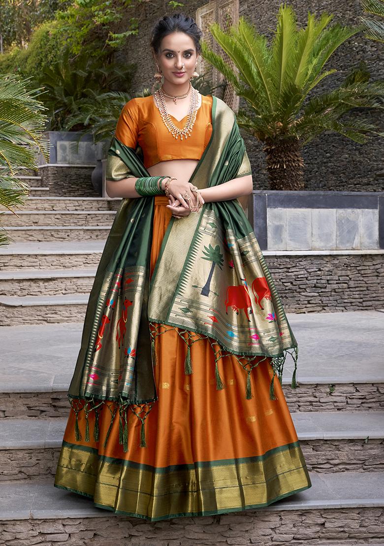 Orange Zari Weaving Work Jacquard Lehenga Set With Dupatta
