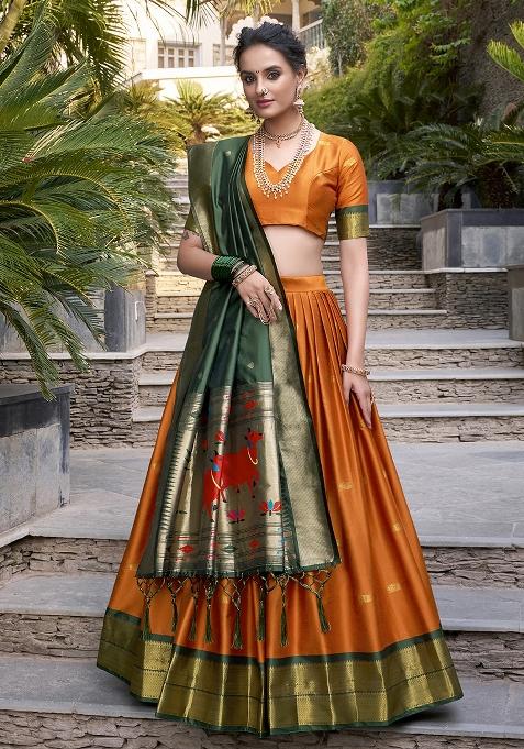Orange Zari Weaving Work Jacquard Lehenga Set With Dupatta