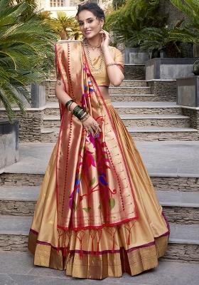 Chiku Brown Zari Weaving Work Jacquard Lehenga Set With Dupatta
