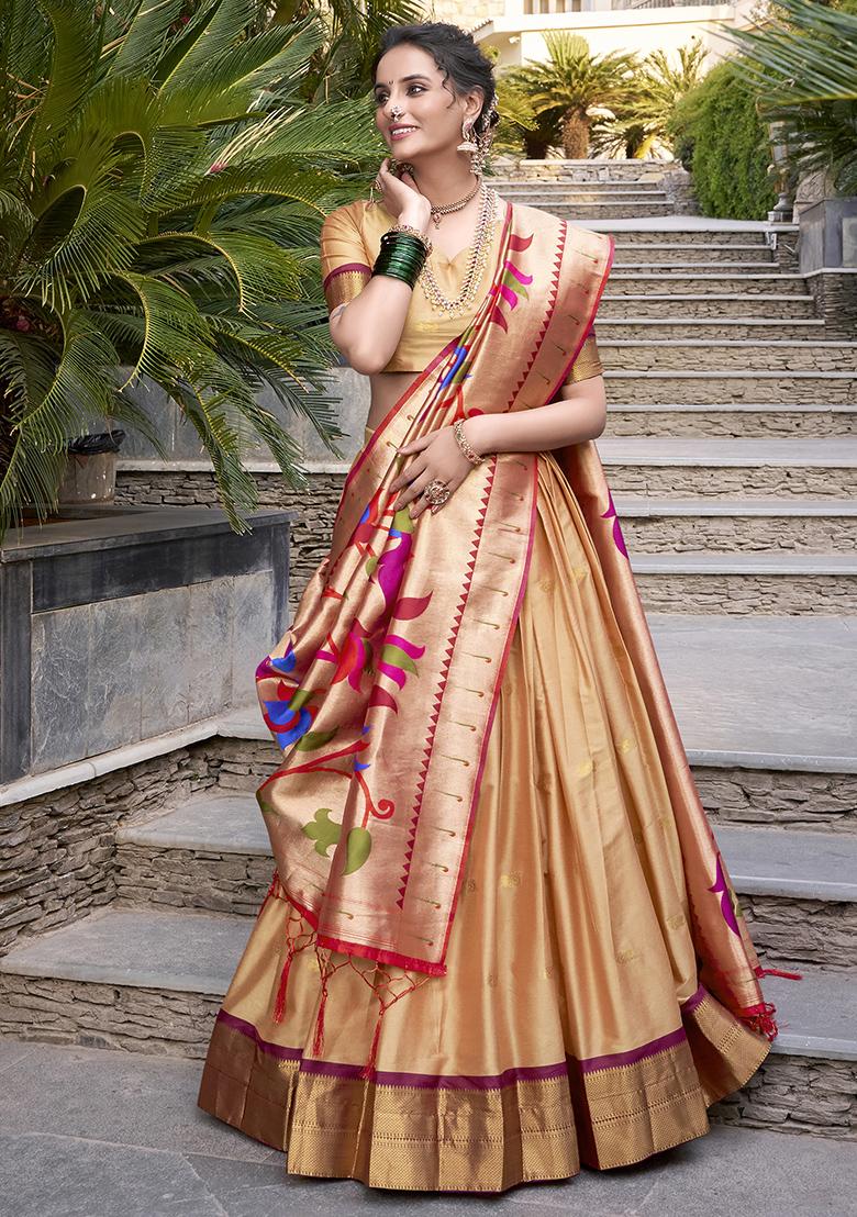 Chiku Brown Zari Weaving Work Jacquard Lehenga Set With Dupatta