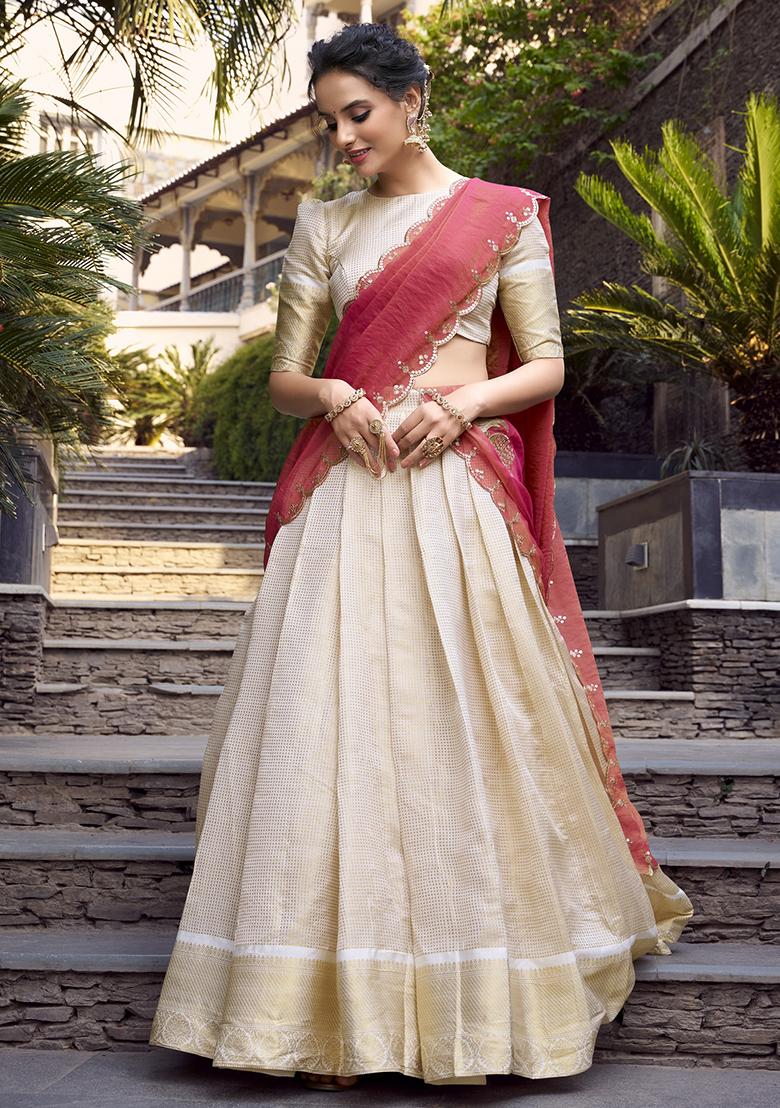 Off White Zari Weaving Work Jacquard Lehenga Set With Dupatta