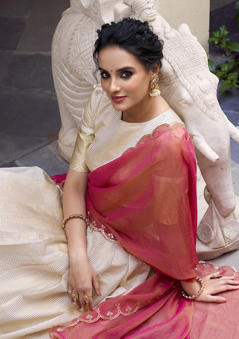 Off White Zari Weaving Work Jacquard Lehenga Set With Dupatta