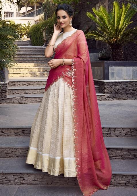 Off White Zari Weaving Work Jacquard Lehenga Set With Dupatta