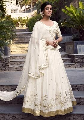 Off White Sequins And Thread Embroidery Poly Blend Lehenga Set With Dupatta