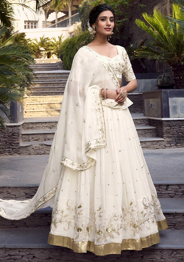 Off White Sequins And Thread Embroidery Poly Blend Lehenga Set With Dupatta
