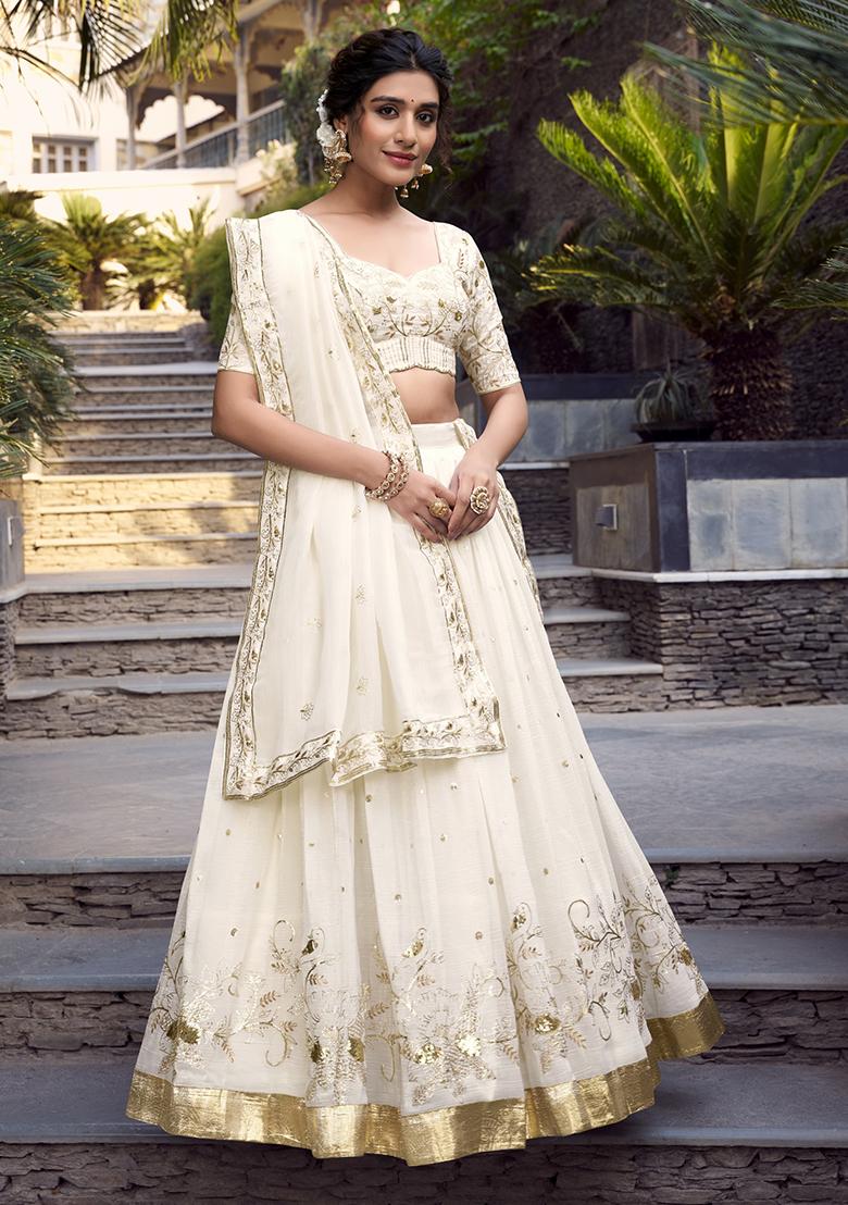 Off White Sequins And Thread Embroidery Poly Blend Lehenga Set With Dupatta