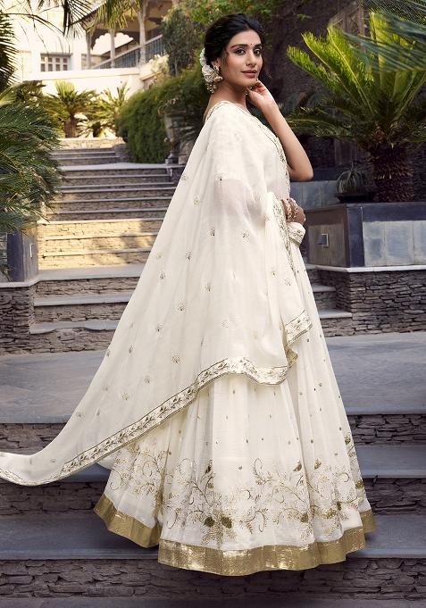 Off White Sequins And Thread Embroidery Poly Blend Lehenga Set With Dupatta