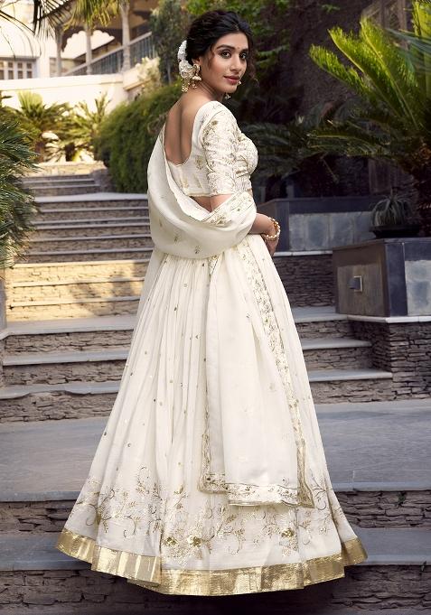 Off White Sequins And Thread Embroidery Poly Blend Lehenga Set With Dupatta