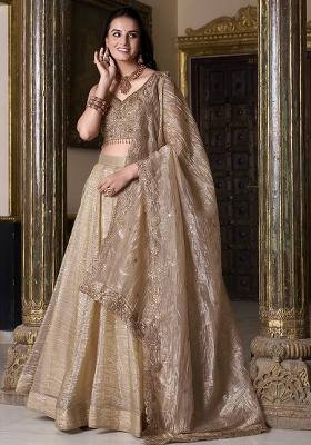Chiku Brown Zari Weaving Work Silk Lehenga Set With Dupatta