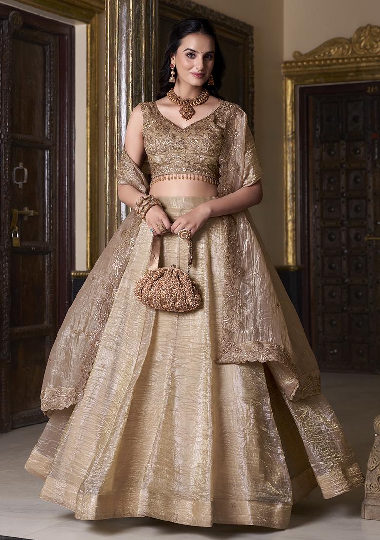 Chiku Brown Zari Weaving Work Silk Lehenga Set With Dupatta